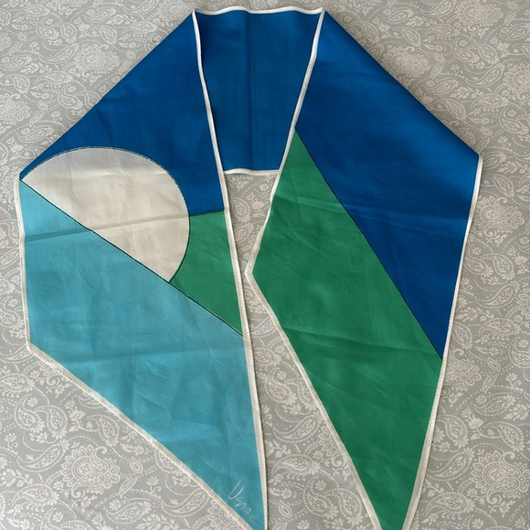 Vintage Vara Head Scarf Japan Setting Rising Sun Geometric Green blue white - Picture 4 of 10